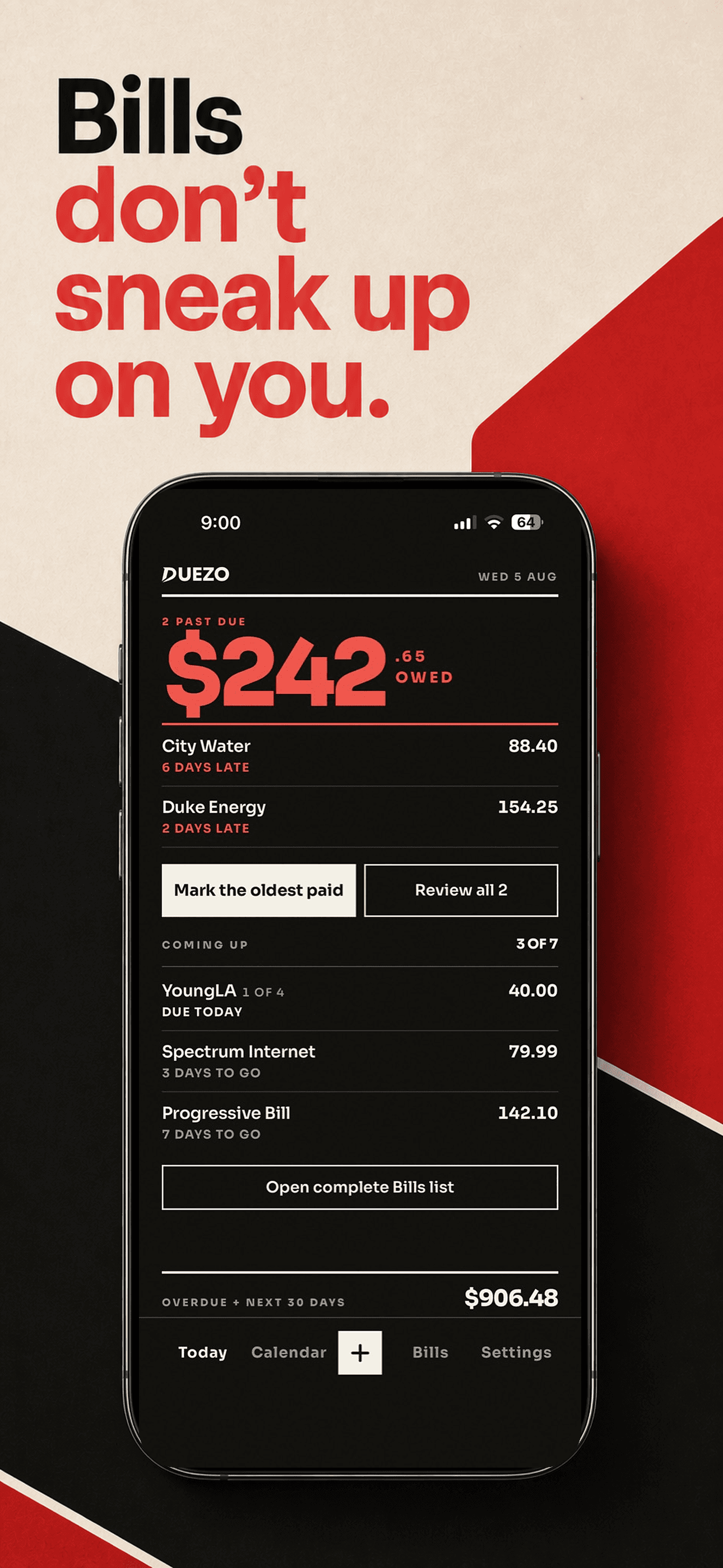 Duezo Today screen showing overdue bills, upcoming payments, and days left to pay.