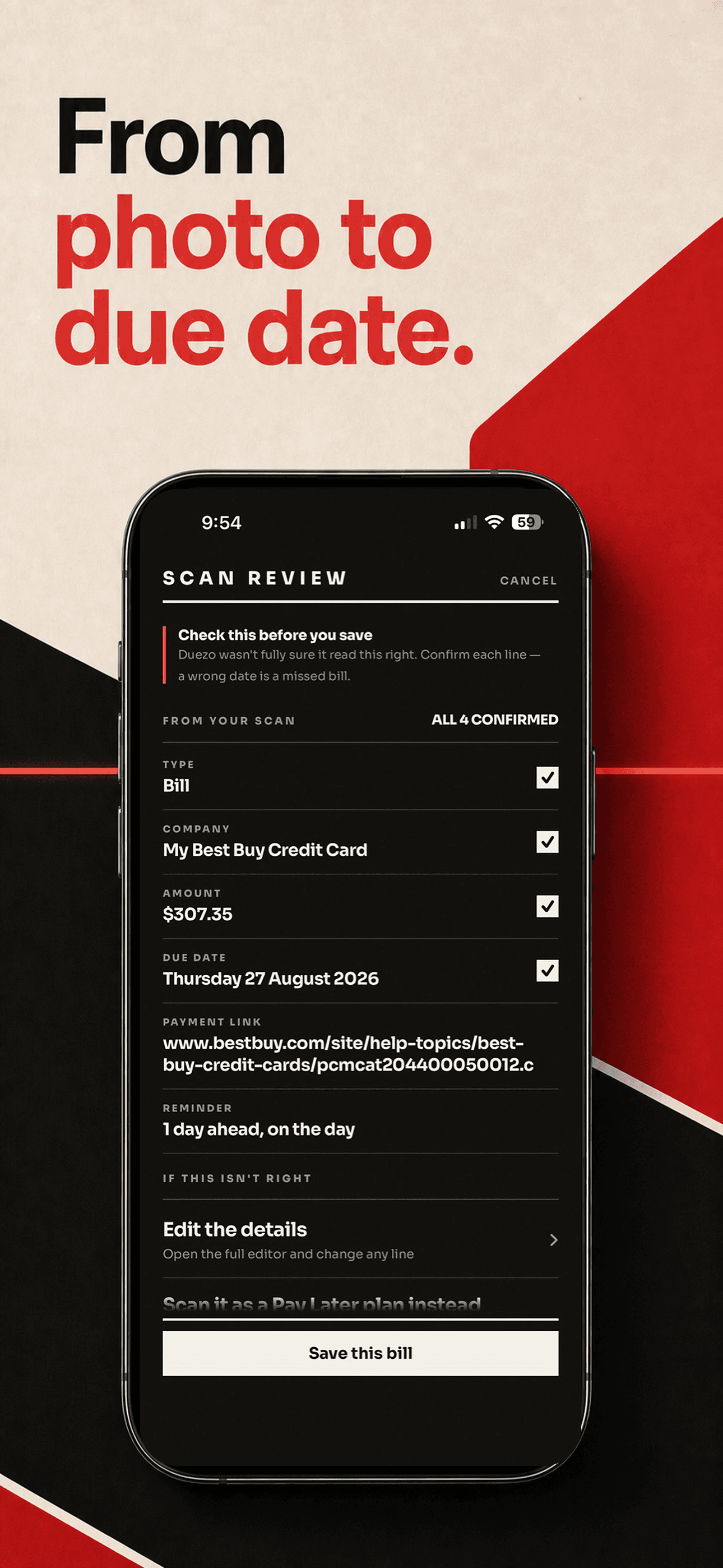 Duezo Smart Scan review with a bill’s company, amount, due date, and save button.