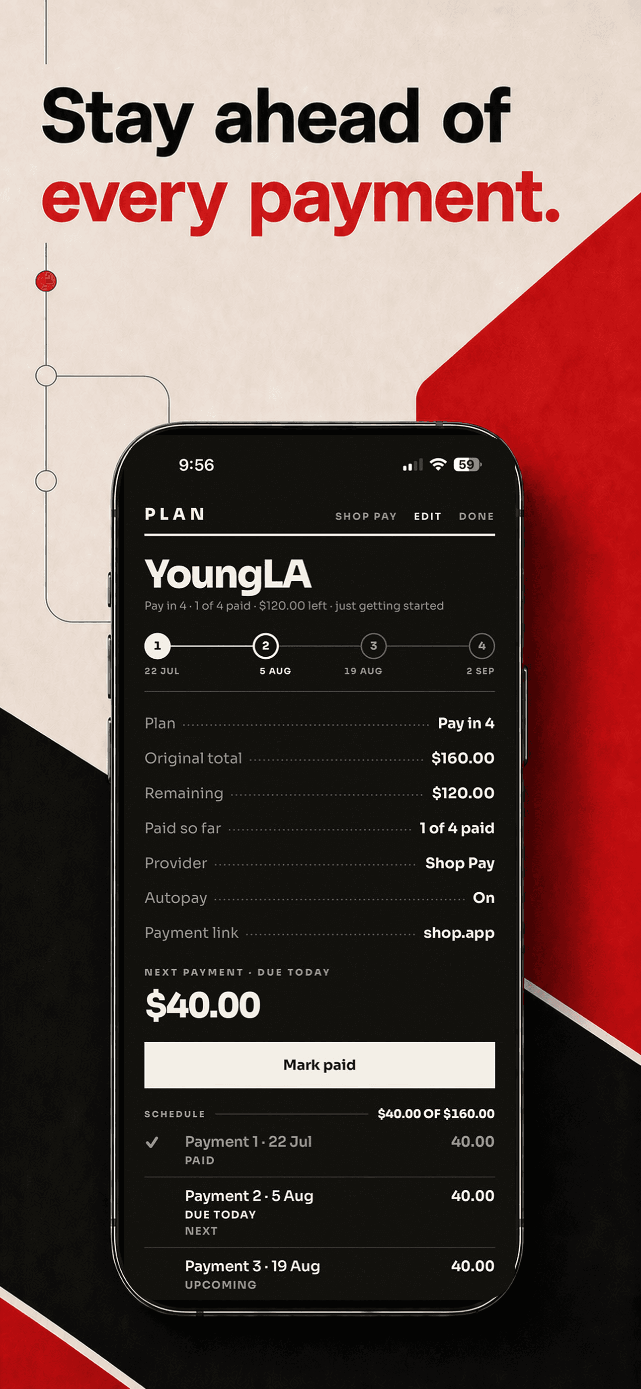 Duezo Pay Later plan showing installment progress, remaining balance, and the next payment.