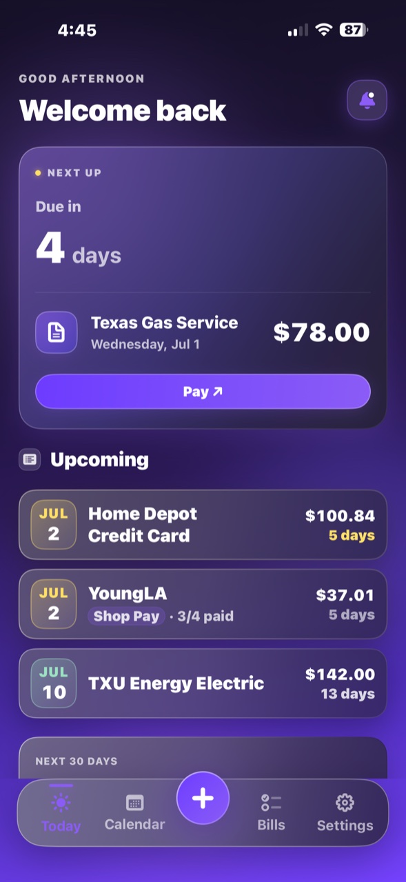 Duezo Today screen counting down upcoming bills with the next 30 days total