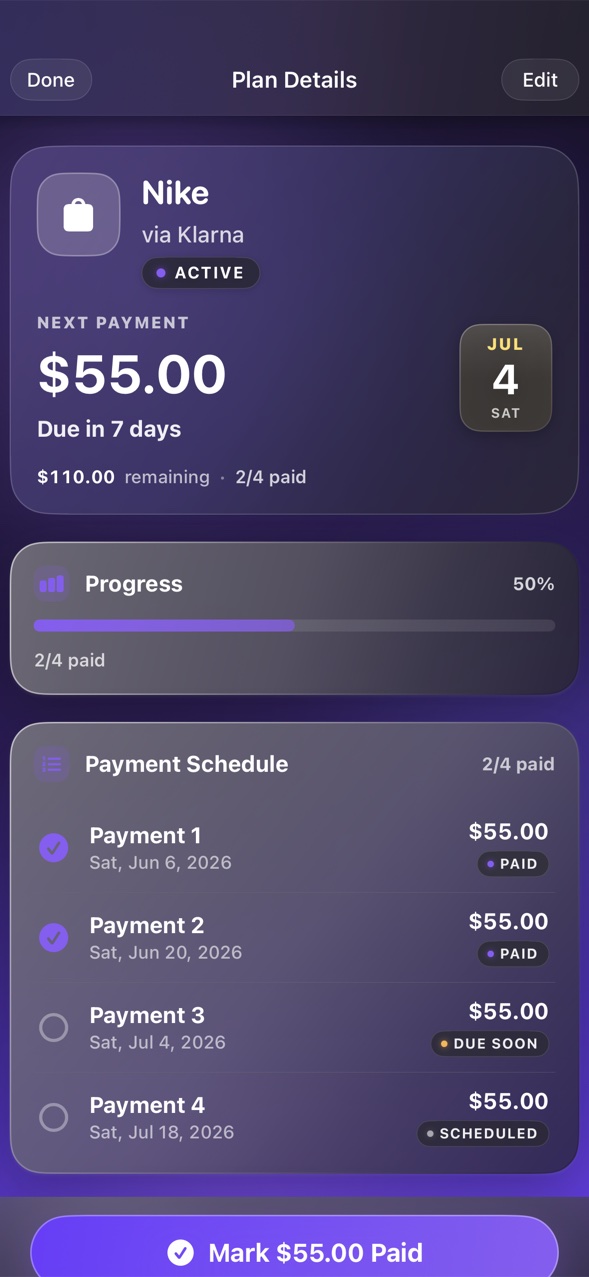 Duezo Pay Later plan detail showing installment progress