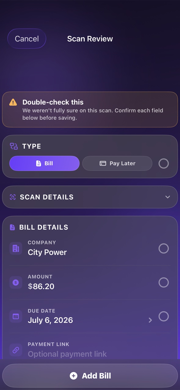 Duezo AI Smart Scan review screen before saving a bill